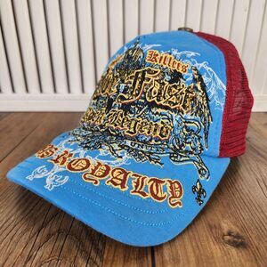 VTG Vegas Royalty Live Fast Rock Legend Couture Killer Trucker Hat Cap Blue Red